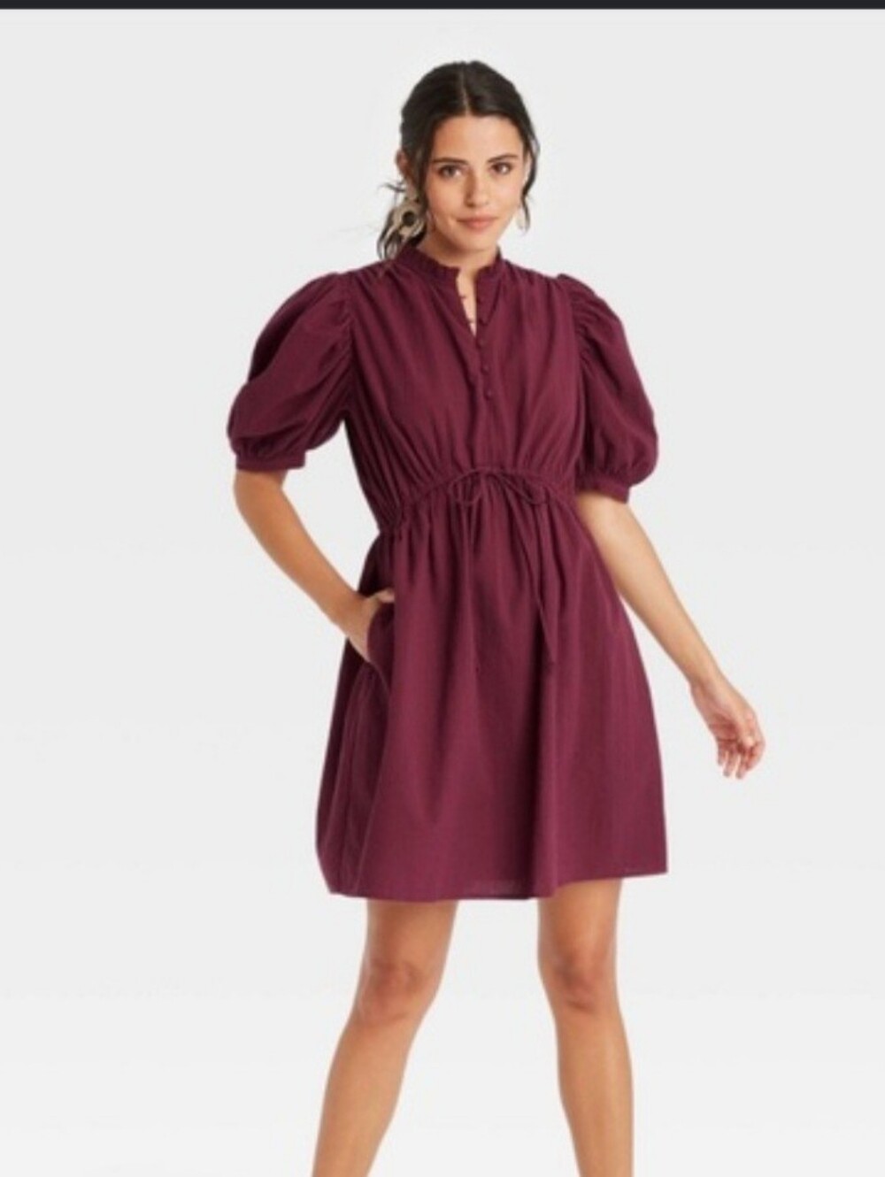 A New Day Women's Mauve Puff-Sleeve Tie-Waist Dress Size Small Burgundy Deep